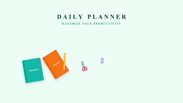 Daily planner animation with office supplies for productivity and organization