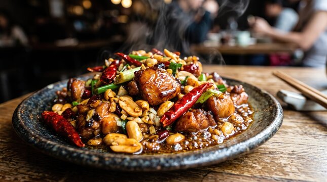 Spicy kung pao chicken with peanuts and dried chili peppers on plate stir fry delicious