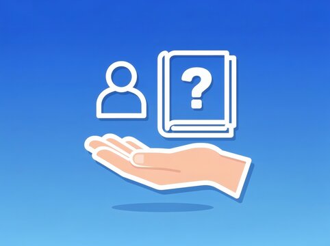 Hand holding a user profile icon with a question mark symbol isolated on a blue background for corporate website usage.
