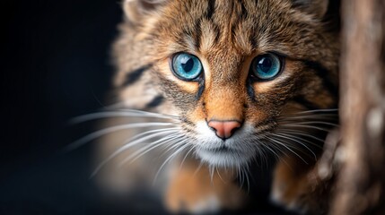 Naklejka premium Adorable wildcat with striking blue eyes peeks out from the darkness, focused stare