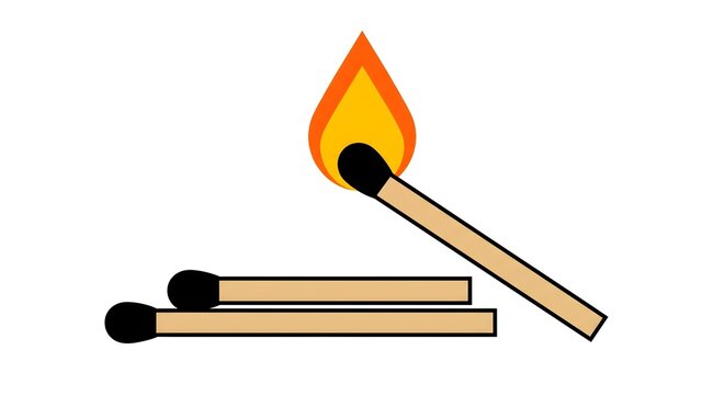 Clean Minimalist Flat Graphic Icon Design of Two Unlit Matches and One Burning Matchstick