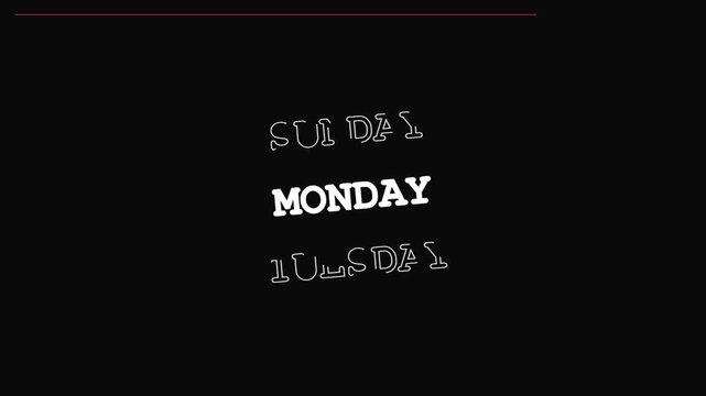 Days of the week calendar scrolling text animation on a dark background
