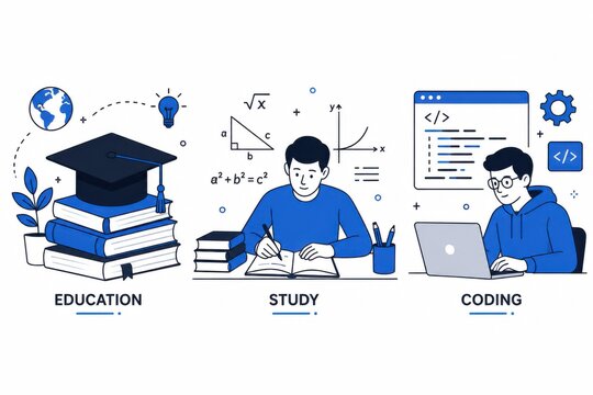 Set of flat illustrations showing students learning and online study