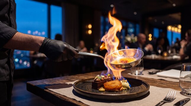 Gastronomic Fire Show: A chef flamb&eacute;s a gourmet dish in a stylish restaurant setting, creating a dramatic visual spectacle of flames that tantalizes the senses.