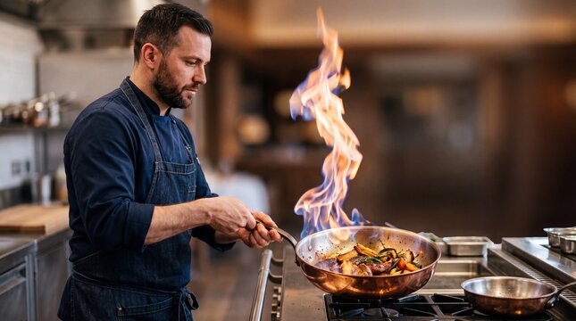 Chef Cooking with Fire: A skilled chef in a dark uniform expertly flamb&eacute;s ingredients in a pan over an open flame in a professional kitchen.