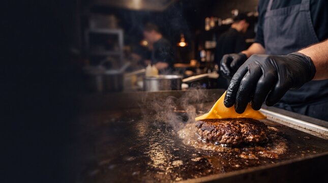 Chef Cooking Burger: A close-up shot of a chef wearing black gloves expertly places a slice of cheese on a sizzling burger patty on a hot griddle, steam rising, hinting at culinary perfection.