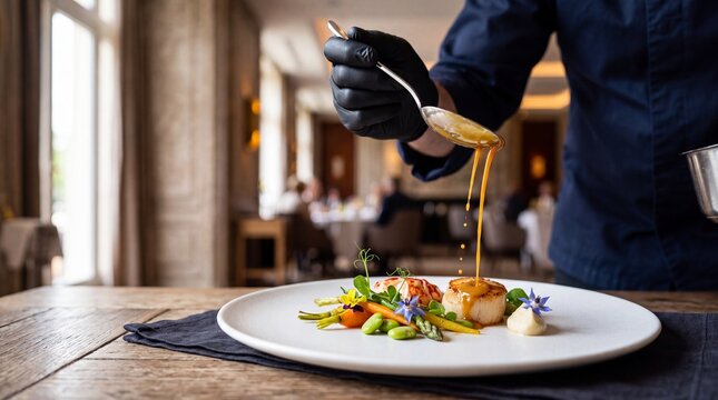 Gourmet Plating: A chef meticulously garnishes a beautifully arranged dish, adding a delicate sauce with a spoon, showcasing culinary artistry in a sophisticated dining setting.