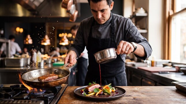 Culinary Artistry in Motion: A skilled chef meticulously plates a gourmet dish, drizzling sauce with precision as flames lick a pan in a bustling professional kitchen.