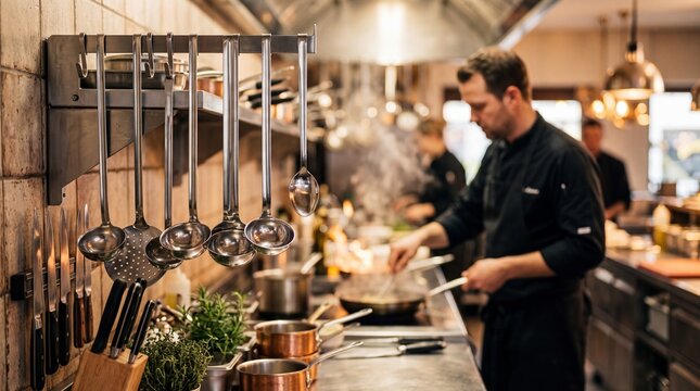 Chef in Action: A focused chef meticulously prepares a dish in a bustling professional kitchen, steam rising from pans, surrounded by culinary tools and the intense atmosphere of food preparation.