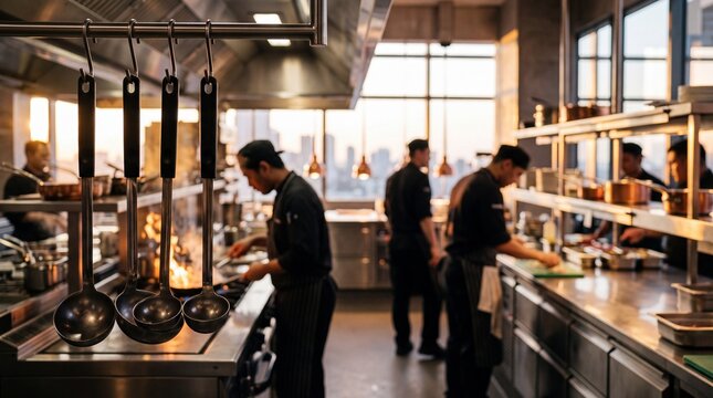 Professional Kitchen Ambience: A bustling professional kitchen environment filled with chefs actively engaged in culinary tasks.