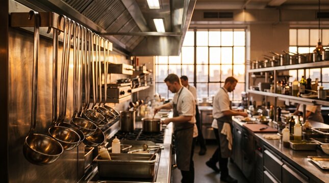 Commercial Kitchen Workflow: Chefs meticulously prepare culinary creations in a bustling, professional kitchen, illuminated by natural light filtering through large windows.