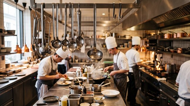 Culinary Mastery in Action: A bustling professional kitchen where chefs in uniform are engrossed in preparing a gastronomic feast, demonstrating expertise and teamwork.