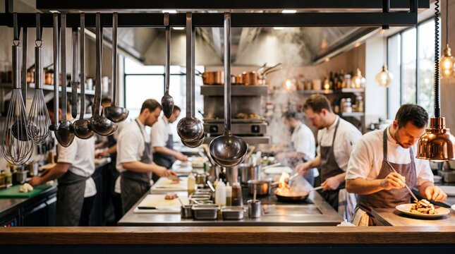 Kitchen Chaos and Culinary Mastery: A bustling professional kitchen comes alive with chefs in focused action.