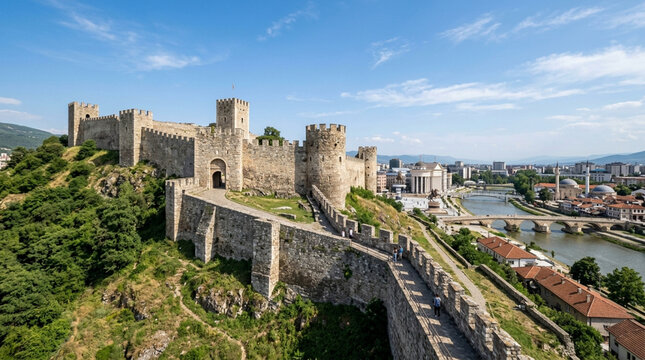 Ancient fortress overlooking city and river, historic landmark, Balkan travel