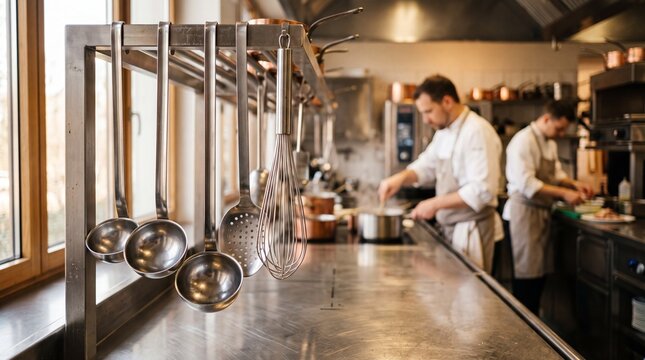 Culinary Mastery in Action: Two chefs in a professional kitchen, focused on preparing a delicious meal, surrounded by stainless steel surfaces and gleaming kitchenware.