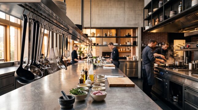 Professional Kitchen Ambiance: A bustling professional kitchen, captured from a wide-angle perspective.