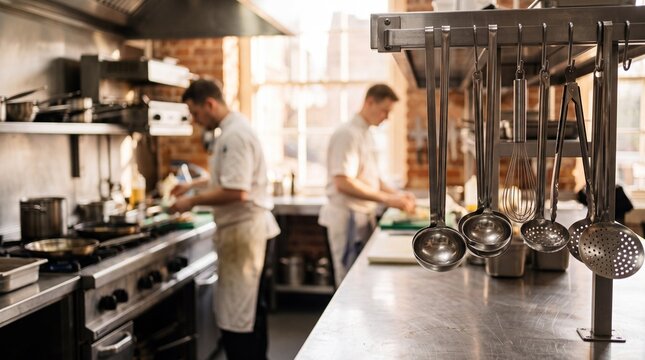 Culinary Professionals at Work: Two chefs in a bustling professional kitchen prepare dishes, surrounded by gleaming stainless steel equipment and hanging utensils.