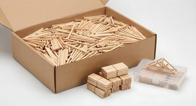 High Angle Commercial Photo of Open Cardboard Shipping Box Filled with Bulk Wooden Matchsticks