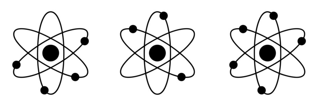 Atom icons, atomic structure symbols for nuclear energy, chemistry, molecular science, physics research, laboratory education and modern scientific applications.