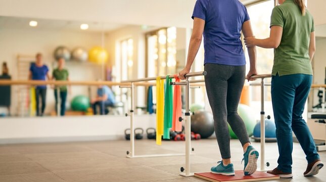 Physical therapy for stroke patients. rehabilitation exercise on parallel bars. Physical therapy recovery after stroke and mobility training in a clinic.