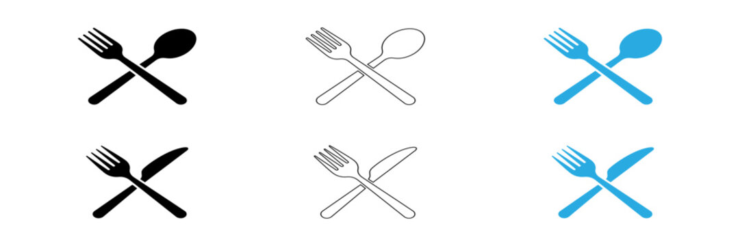 Flat design crossed utensils icon set with fork, knife, spoon and spork in black and blue isolated on transparent background, Vector