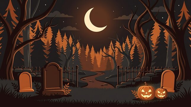 Spooky pixel art graveyard scene at night featuring glowing jack o lanterns and a crescent moon shining over old weathered stone tombstones
