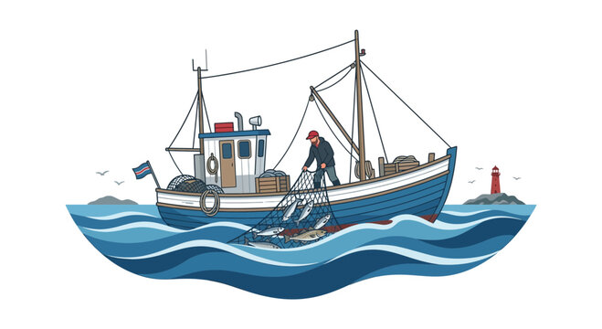 Large trawler hauling heavy net on ocean waves