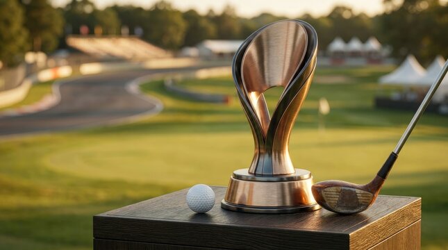 Golden golf trophy on pedestal with golf club and sunset golf course backdrop for championship victory