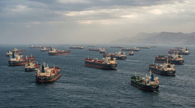 Fleet of cargo ships anchored in calm coastal waters under cloudy sky for global trade logistics