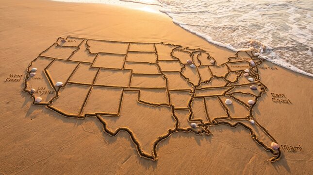 A map of the united states drawn in the sand on a beach with ocean waves washing over the edge and seashells marking locations
