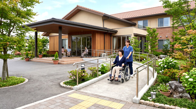 老人ホームの車椅子用スロープ