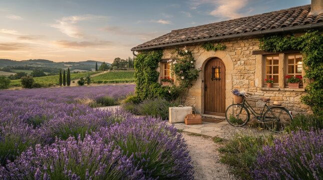Old stone cottage with a bicycle parked outside in a beautiful lavender field during a scenic sunset in the countryside