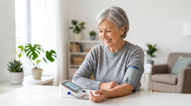 Senior checking blood pressure at home and smiling in modern living room  
