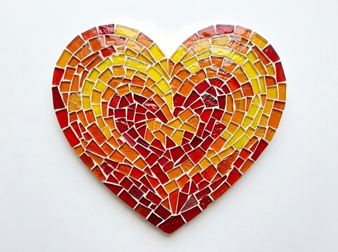 A beautiful heart shape made from colorful glass mosaic tiles isolated on a plain white background representing love and artistic creative design
