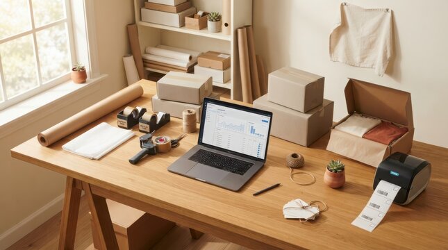 A laptop computer on a wooden desk with cardboard shipping boxes and a label printer for small business e-commerce order fulfillment