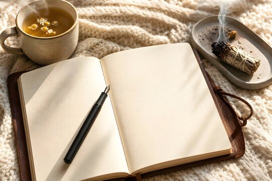 Cozy journaling still life with herbal tea, blank notebook and aromatic bundle on a knitted blanket for wellness content and copy space