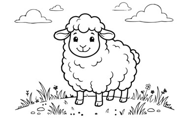 Obraz premium Smiling cartoon sheep standing on grass with clouds