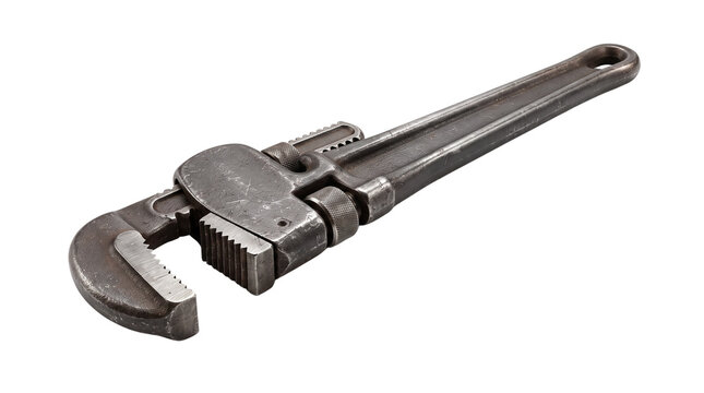 Heavy duty pipe wrench, adjustable steel plumbing tool, industrial metal monkey wrench for mechanical repair and construction work isolated PNG with Transparent Background