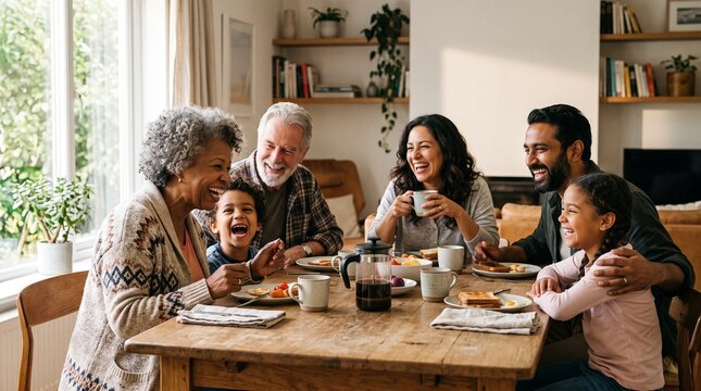 Happy family members share a cheerful conversation over coffee and meals around a dining table.