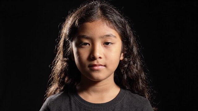 Portrait of Serious Young Girl on Black Background