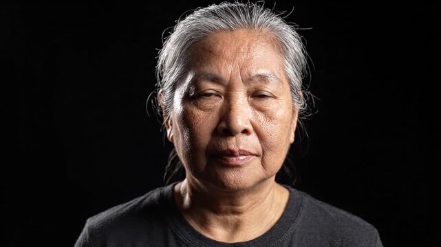 Serious Portrait of Elderly Asian Woman on Black Background