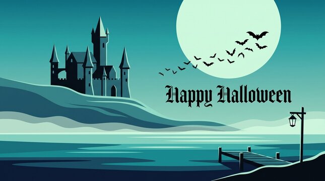 Happy halloween background with gothic castle on hill, full moon, flying bats, lake shore, and wooden dock with lantern vector illustration