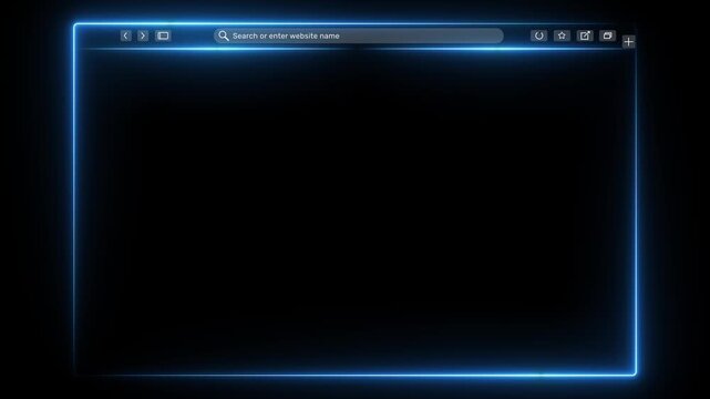 Empty browser window on transparent background. Empty web page mockup with toolbar and Motion graphics of glow neon side line