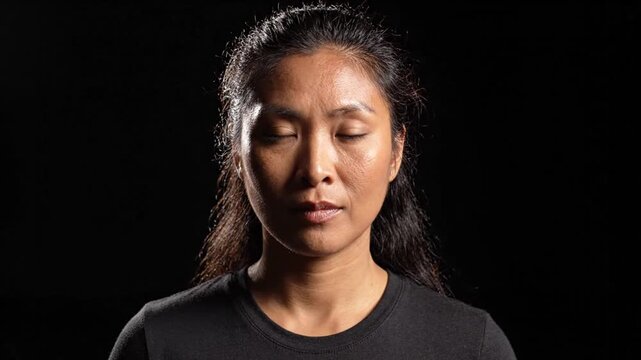 Serious Asian Woman Closing Eyes on Black Background