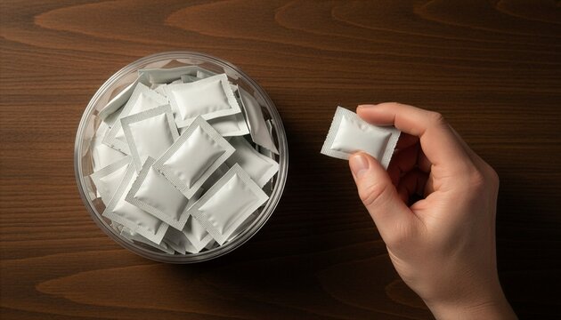 Top view of a human hand picking a small white nicotine pouch next to a transparent round container filled with pouches on a dark wooden surface, representing smoking alternatives and snus product.