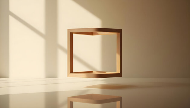 Floating wooden cube frame in warm minimalist interior