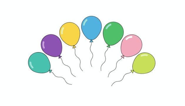 Beautiful hand drawn colorful helium balloons arranged in a curved arch rainbow pattern over a blank white background.
