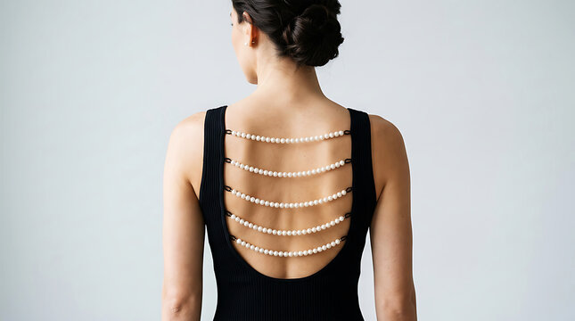 Woman in black with pearl beaded back detail beads
