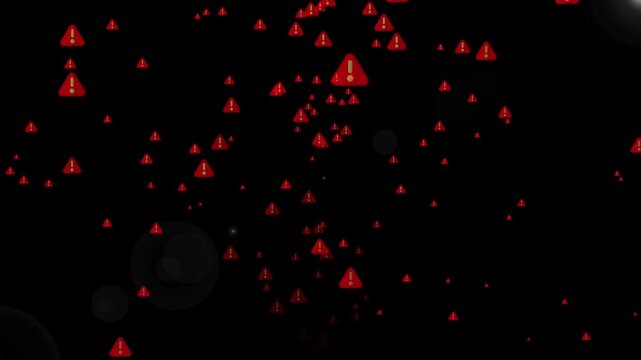 Warning Alert icon animation flying overlay isolated on black background. Seamless loop.Abstract mark icon, problem sign Many Questions icon background texture lights warning marks help and .4k