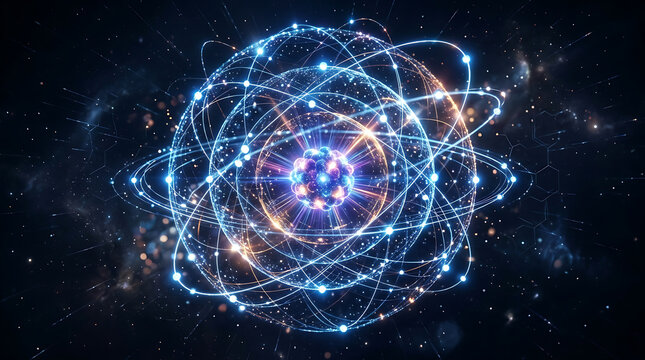 Abstract atomic structure with glowing nucleus and orbiting electrons representing cosmic energy and scientific innovation